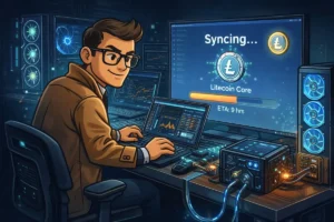 Illustration of a focused developer sitting at a desk full of monitors and servers, working on a laptop while Litecoin Core synchronizes in the background, with glowing charts, cables, and a progress bar showing several hours remaining.